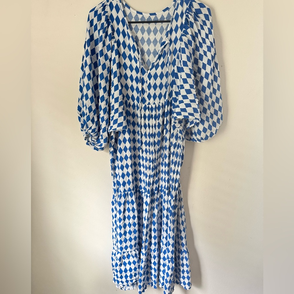 Blue and White Bell Sleeve Dress
